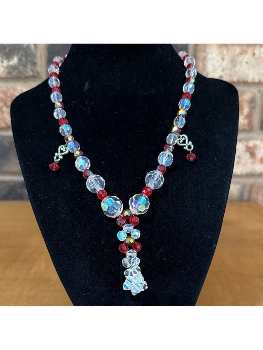 Vintage 50’s crystal Aurora Borealis and Red Glass Beaded Necklace